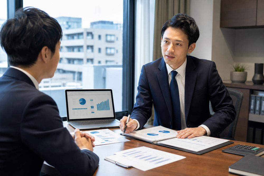 税理士と不動産投資家が節税プランを協議するオフィスシーンのイメージ
