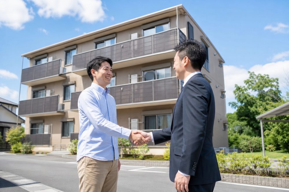 群馬県内で収益物件を取得した中小企業オーナーが不動産業者と握手している様子