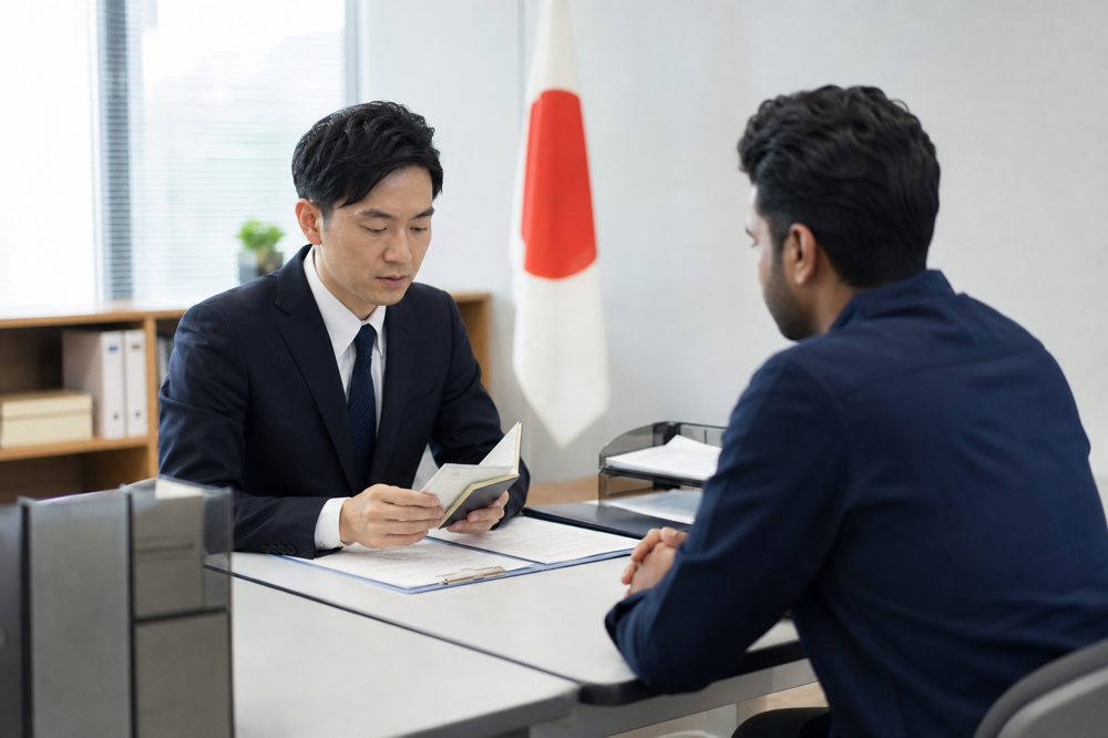 入管担当者と外国人エンジニアが在留資格の書類を確認している場面