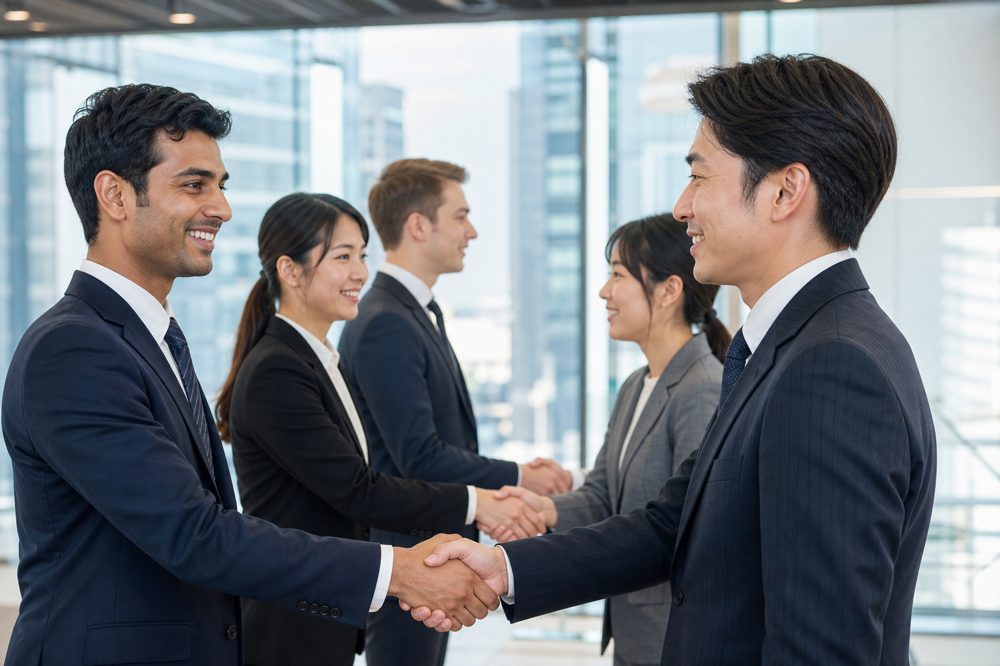 外国人留学生と日本企業の採用担当者が握手するシーン