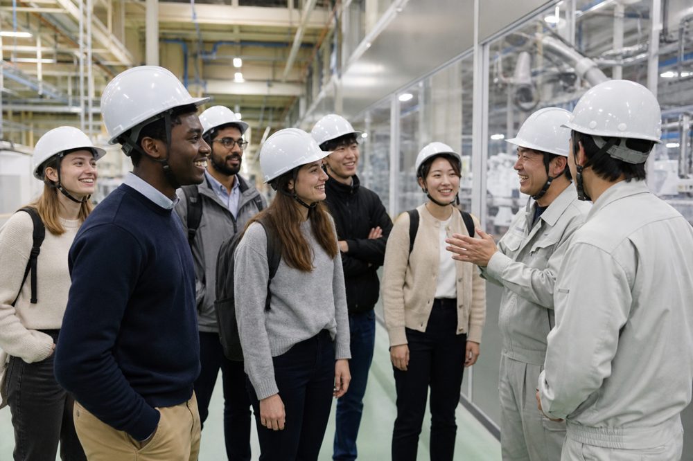 外国人留学生が製造業の工場見学でスタッフと交流している様子