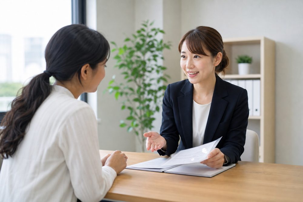 ビザ書類について説明を受ける外国人留学生と人事担当者