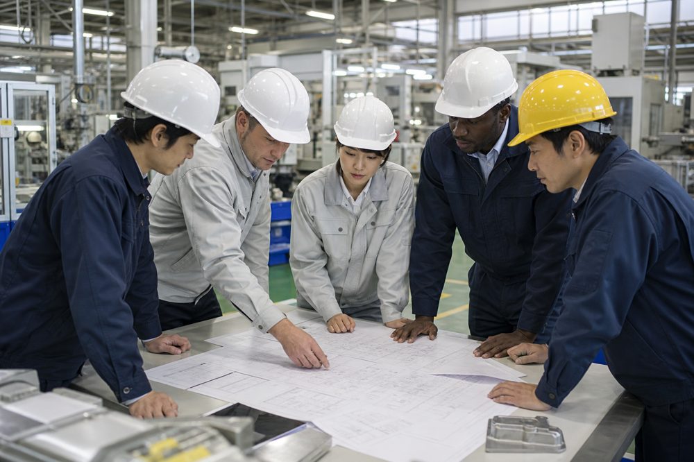 製造工場で外国人と日本人スタッフが安全装備をつけながら生産計画を話し合っている場面