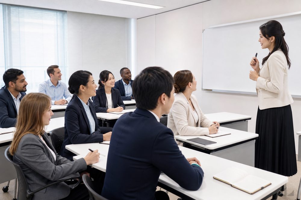 外国人社員が日本語ビジネス研修に参加しているシーン