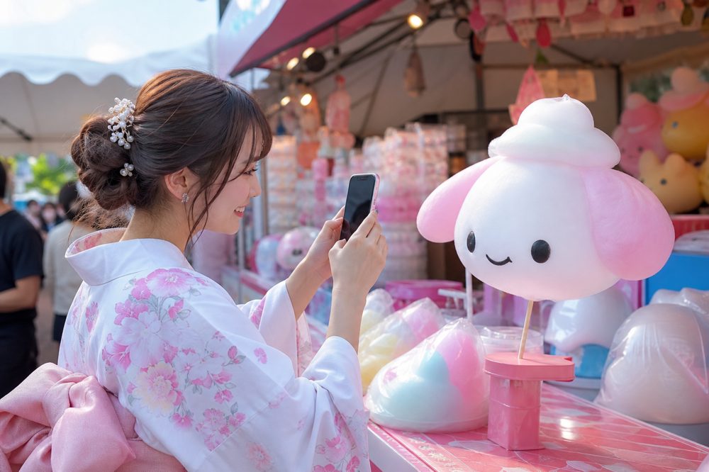 屋外イベントでキャラクターわたあめをスマートフォンで撮影する笑顔の女性