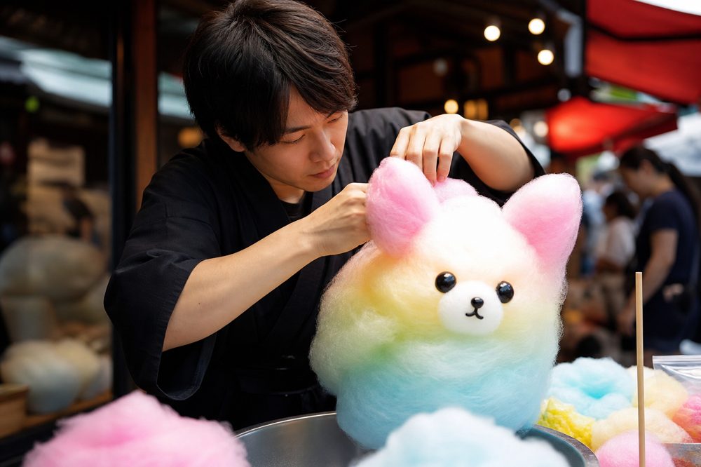 日本のマーケットストールで集中してカラフルな動物キャラクターのわたあめを成形するわたあめアーティスト