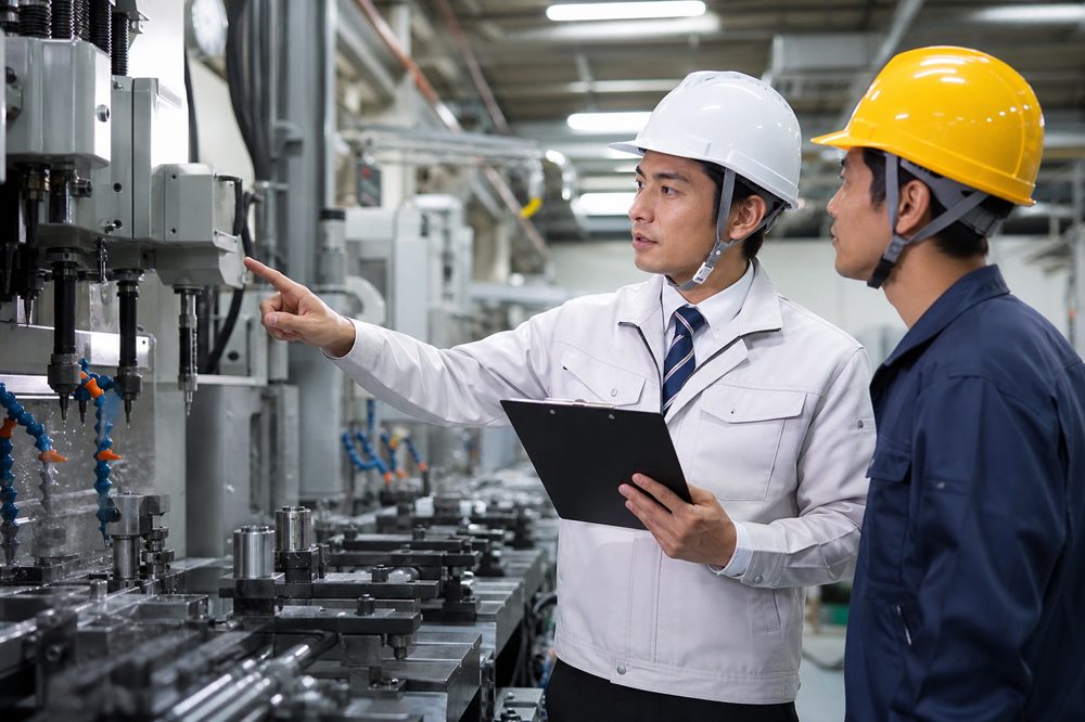 金属加工現場でクリップボードを持ちながら設備を指差して分析するコンサルタント