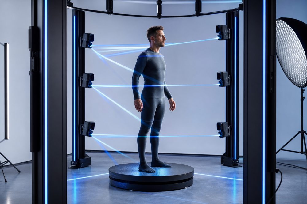 フォトグラメトリー3Dスキャナーで人物をスキャンしている様子