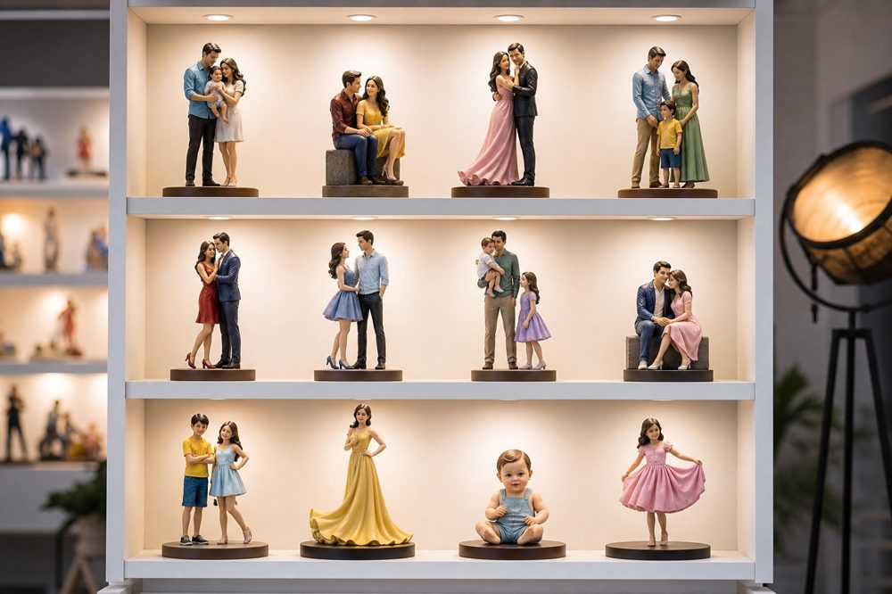 写真館ショールームに展示されたカラフルなフィギュアのサンプル