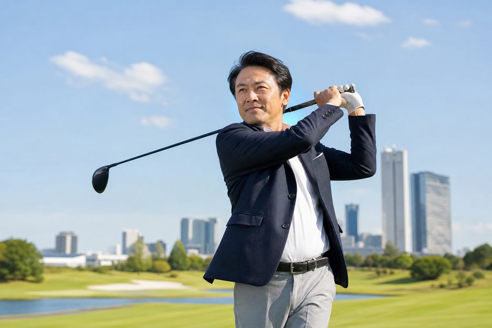 名古屋で接待ゴルフに挑む初心者ビジネスマンのイメージ