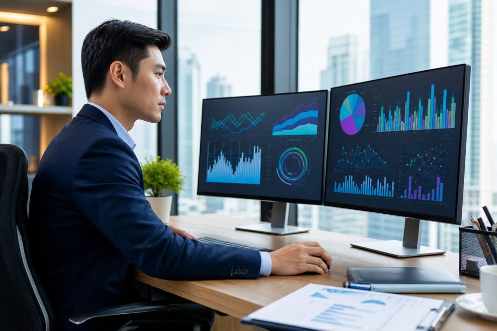 税理士がAIで生成した財務分析データを確認している様子