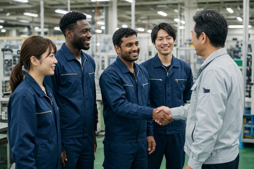 千葉県の製造工場で日本人マネージャーと握手する多国籍の外国人材