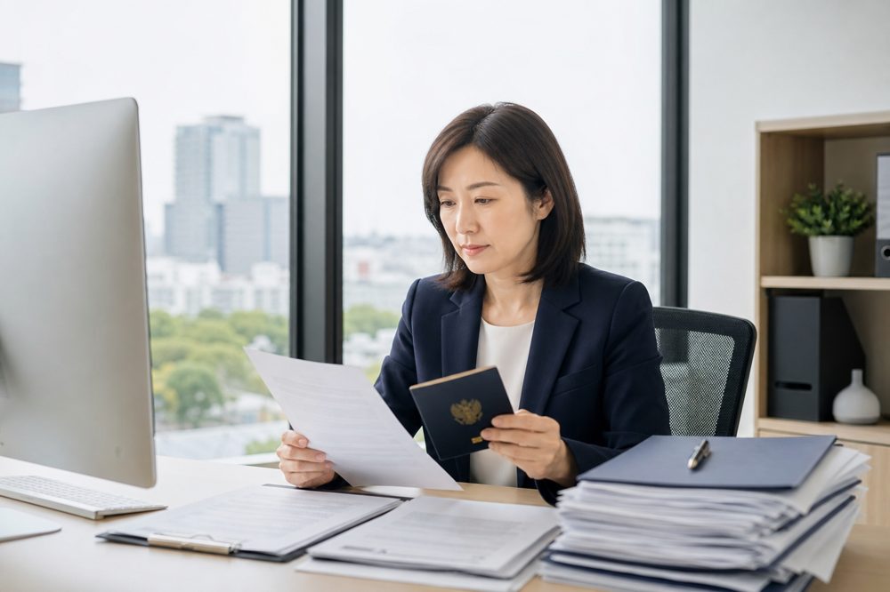 千葉県のオフィスで外国人材の在留資格書類を確認するHR担当者