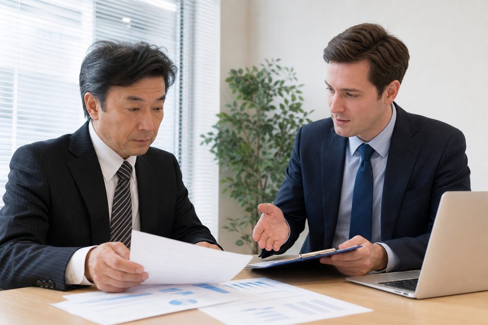 中小企業経営者が外国人材採用の費用と契約を支援コンサルタントと確認する場面