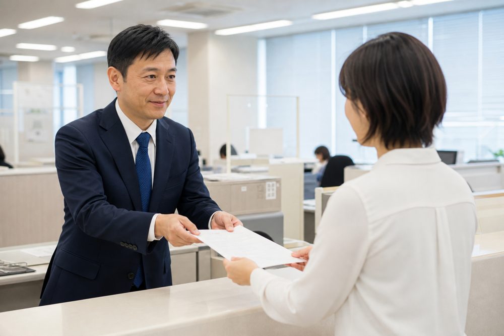 千葉県の行政窓口で中小企業担当者に助成金書類を手渡す場面