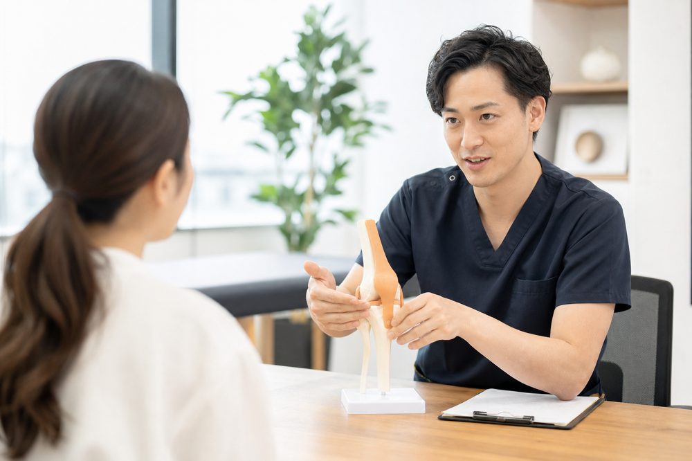 明るい治療院で施術者が患者に治療の選択肢を説明している様子