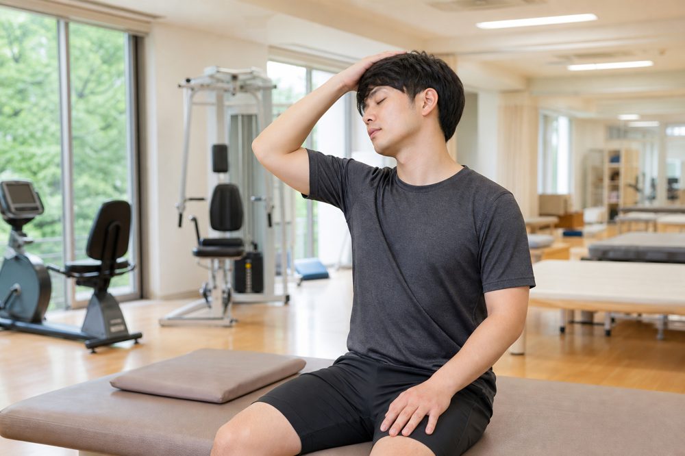 自然光が差し込む日本の整骨院のリハビリ室で患者が頸部運動をしている様子