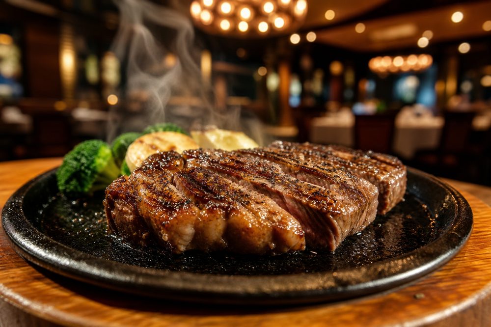 ステーキフランチャイズ開業のイメージ：モダンなステーキハウスで鉄板に乗った肉厚のステーキ