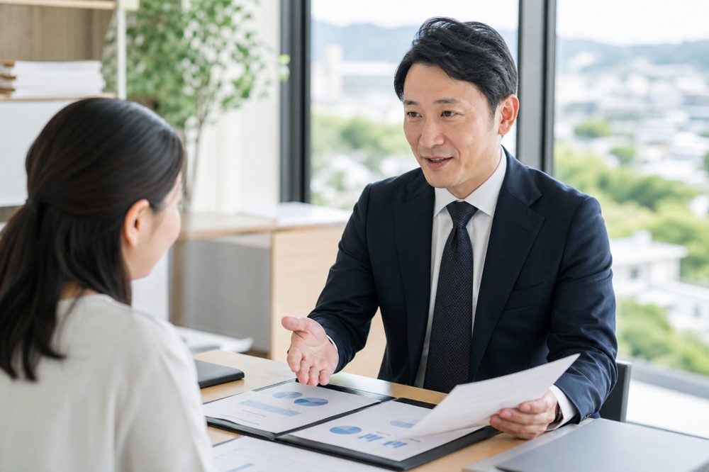 茨城県のオフィスでFP(ファイナンシャルプランナー)が資産運用について相談に乗っている様子