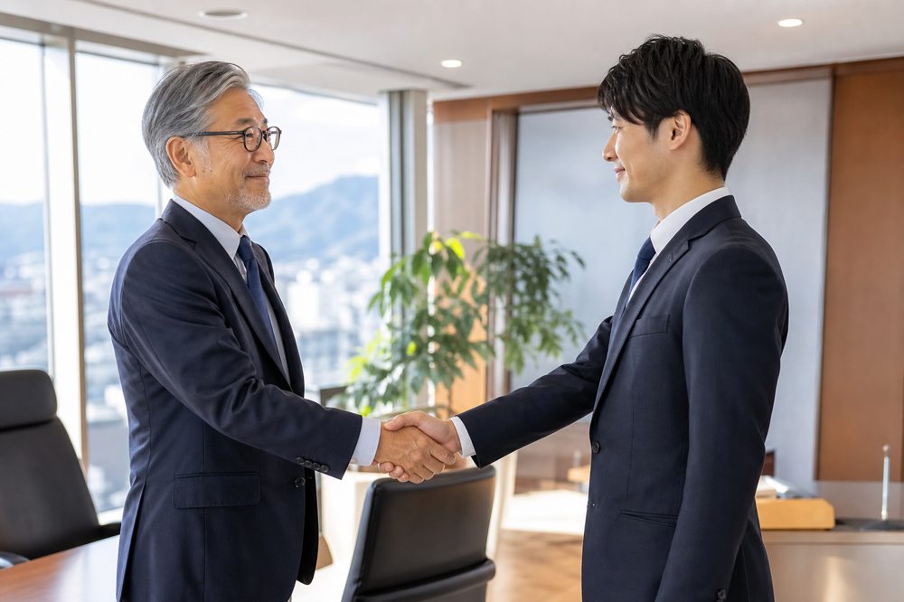 九州で事業承継の握手を交わすオーナー経営者と後継者