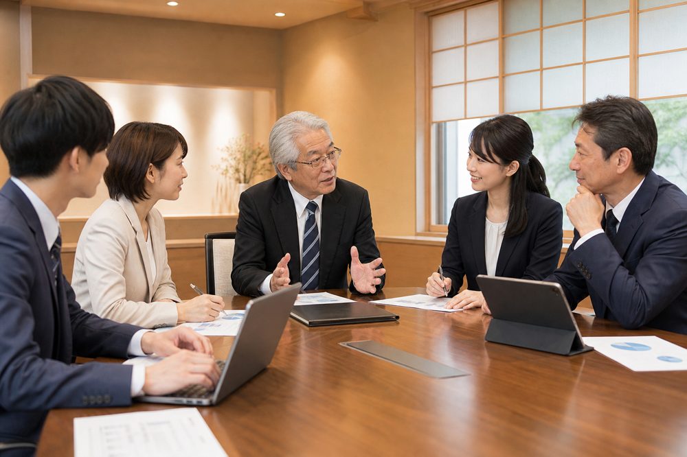 事業承継における先代と後継者の引き継ぎ会議の様子