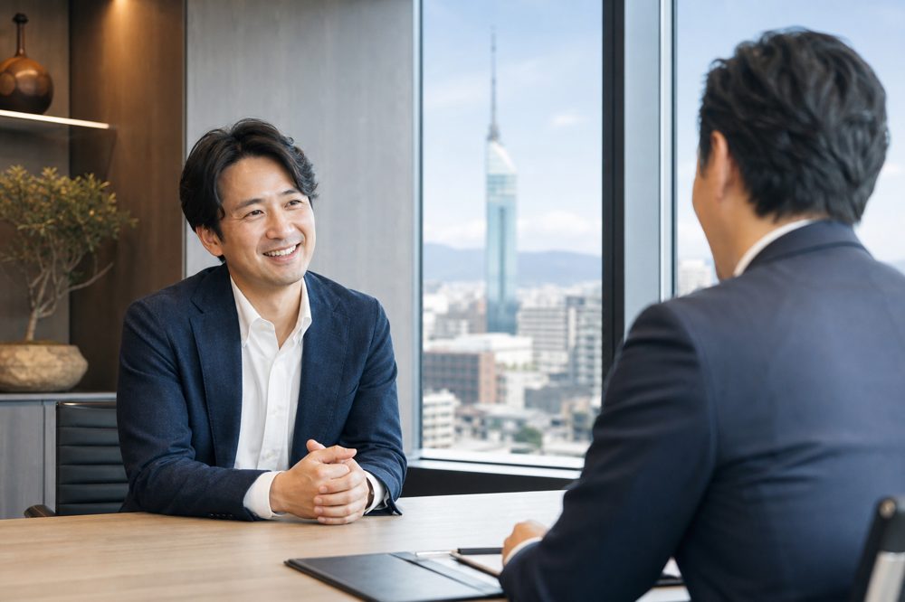 福岡の近代的なオフィスで、コンサルタントと向き合い安堵した表情を見せる経営者