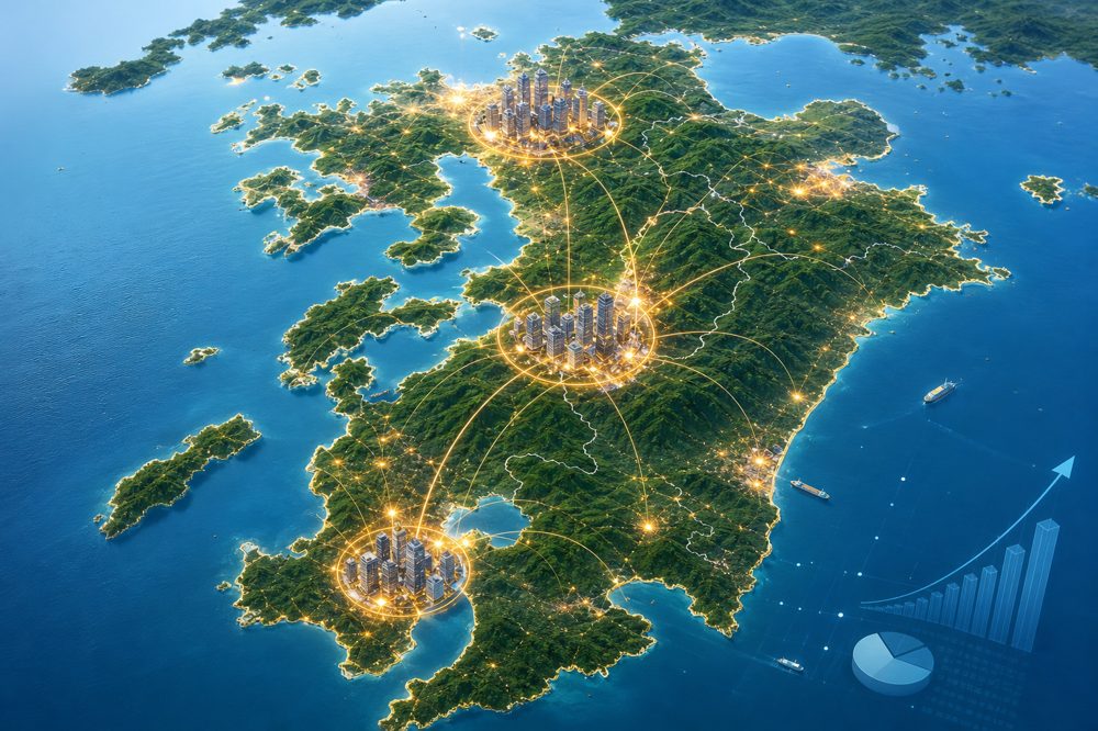 九州各地のビジネス地区を示すマップと経済活動のイメージ