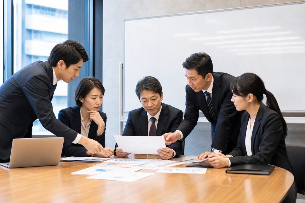 M&Aプロセスをホワイトボードで説明しながら書類を確認する専門家チーム