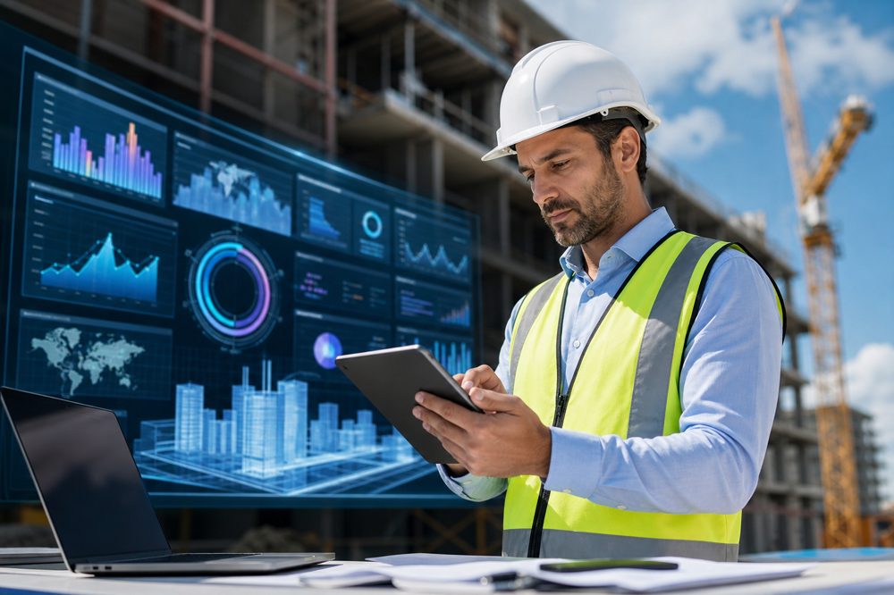建設現場でAIデータダッシュボードを確認する現場監督
