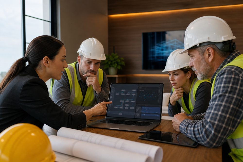 AIワークフローソフトを確認する建設プロジェクトマネージャーと作業員