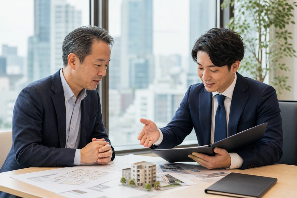 日本人投資家が現地不動産エージェントと物件書類を確認している様子