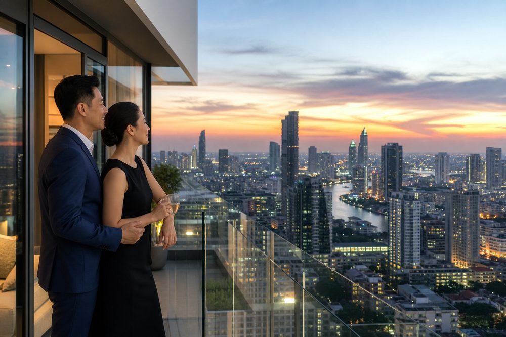 夕暮れ時に高層コンドミニアムのバルコニーから東南アジアの都市景観を眺める日本人夫婦