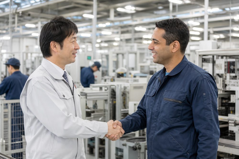 九州の製造現場で握手する日本人管理者と外国人技能実習生