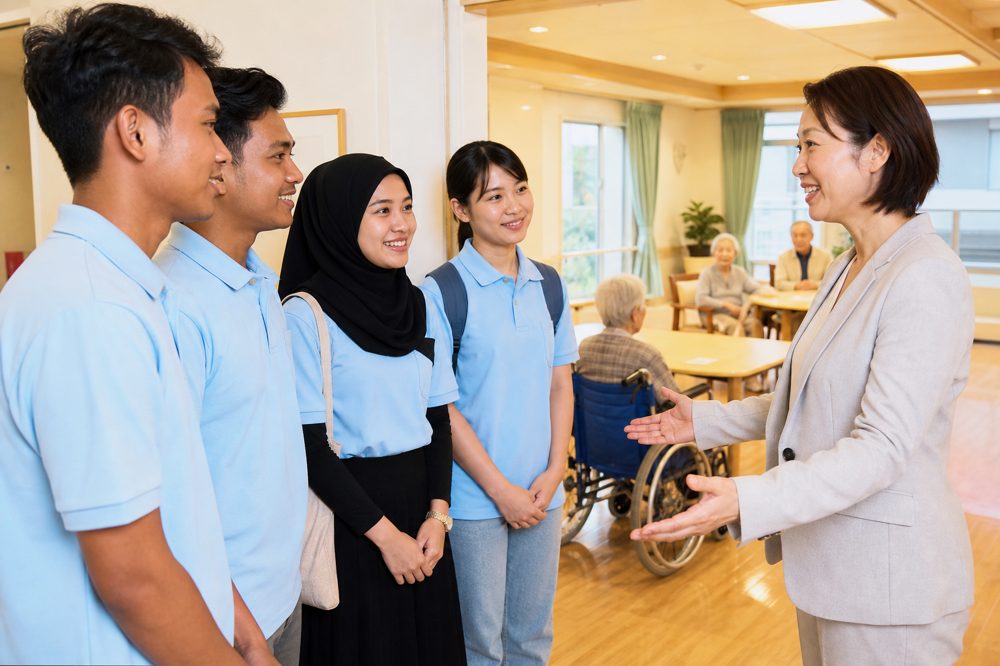 介護施設の管理者が明るい施設内で外国人技能実習生を笑顔で迎え入れている様子