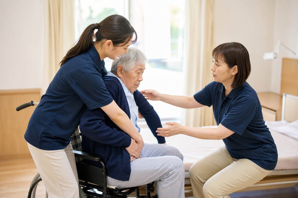 日本人介護士の指導のもと外国人実習生が高齢者の介助技術を学んでいる場面