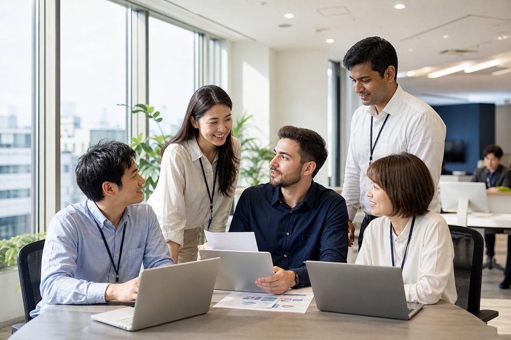 九州の職場で協力する外国人スタッフと日本人スタッフ