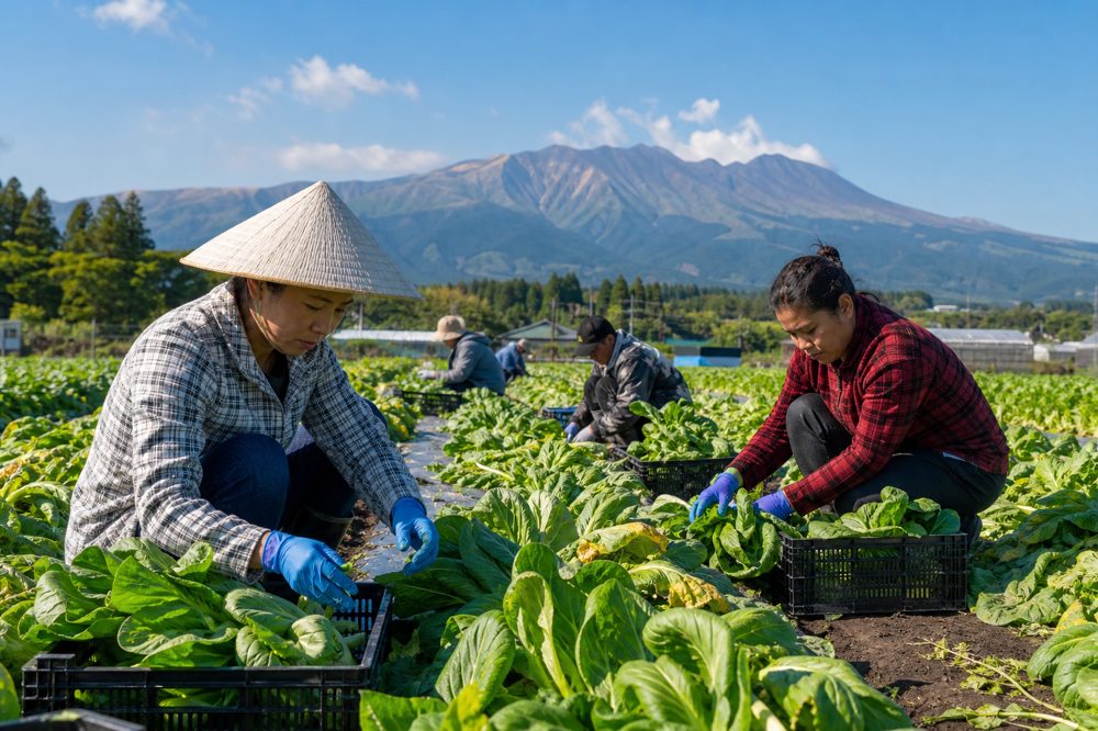 熊本の農地で野菜を収穫する外国人労働者