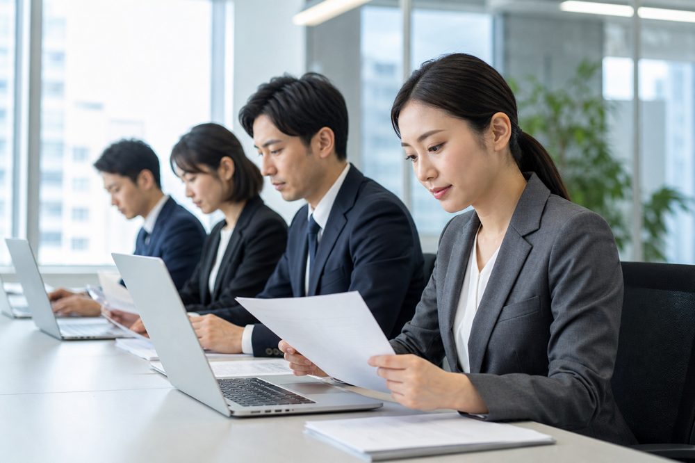 社労士が助成金申請書類を作成している専門的なオフィスの様子