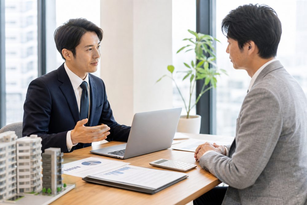 日本の不動産投資家が明るいオフィスで税理士と節税対策について相談している様子