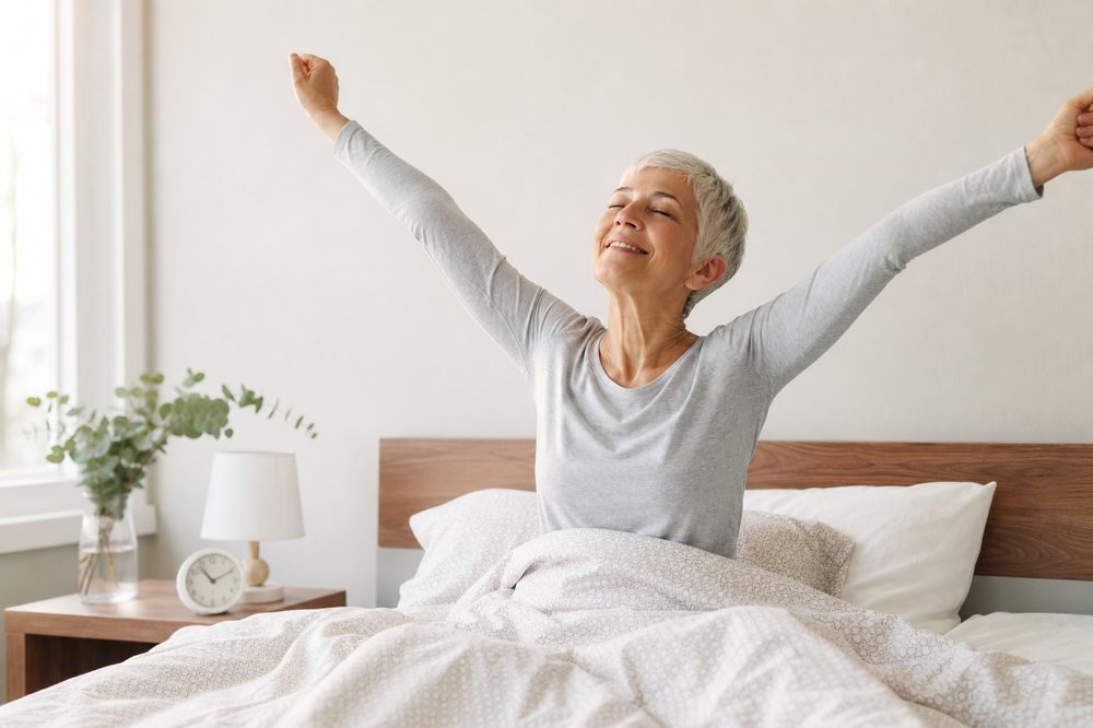 良質な睡眠から目覚めた高齢者の爽やかな朝のイメージ