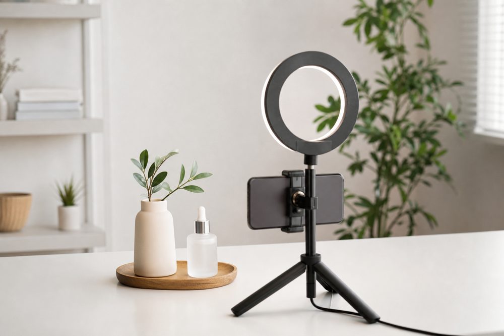 スマートフォンとリングライトを使ったテーブル撮影セットアップ