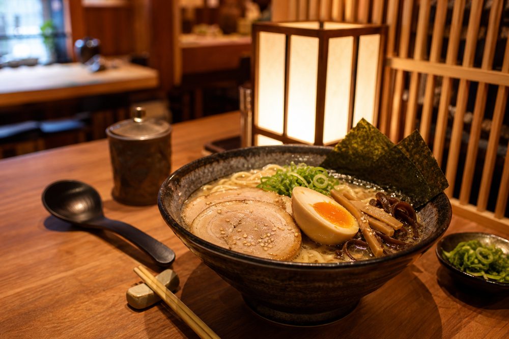 映えるラーメン店の料理写真スポット、木製テーブルと温かい照明