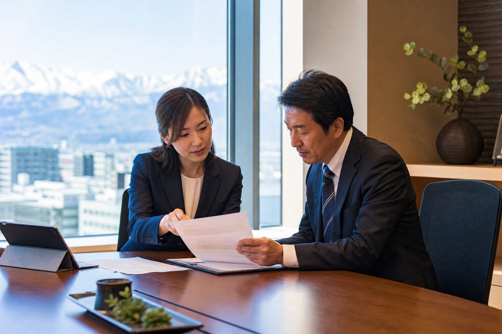 長野県の中小企業経営者が保険料削減について専門家と相談している様子