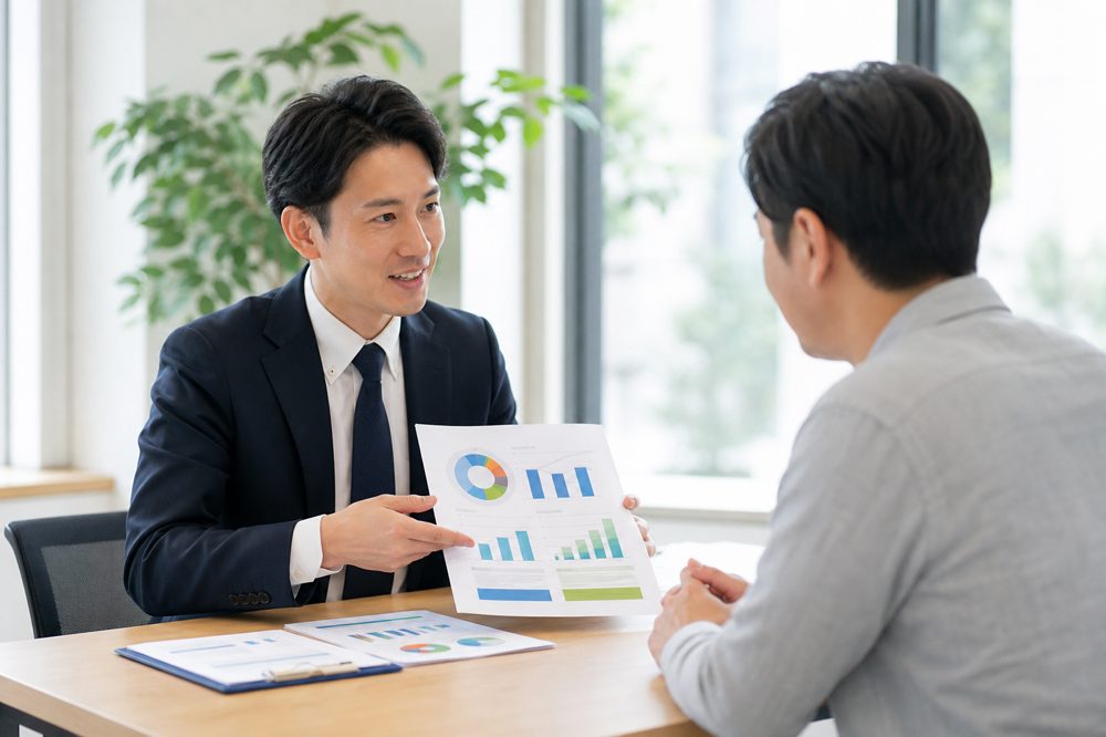 保険代理店の担当者が中小企業経営者に保険プランを比較説明している様子