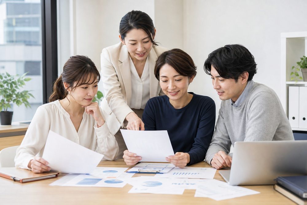 長野県の中小企業の人事担当者が給与・保険料の見直しを行っているオフィスの様子
