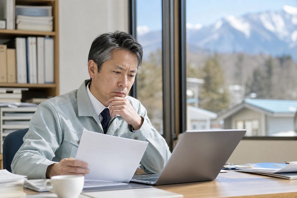 長野県の中小企業経営者が企業型確定拠出年金の書類を見ながら悩んでいる様子