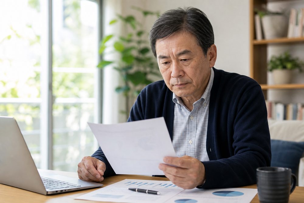 50代の男性が老後資金の計画書を自宅で確認している様子