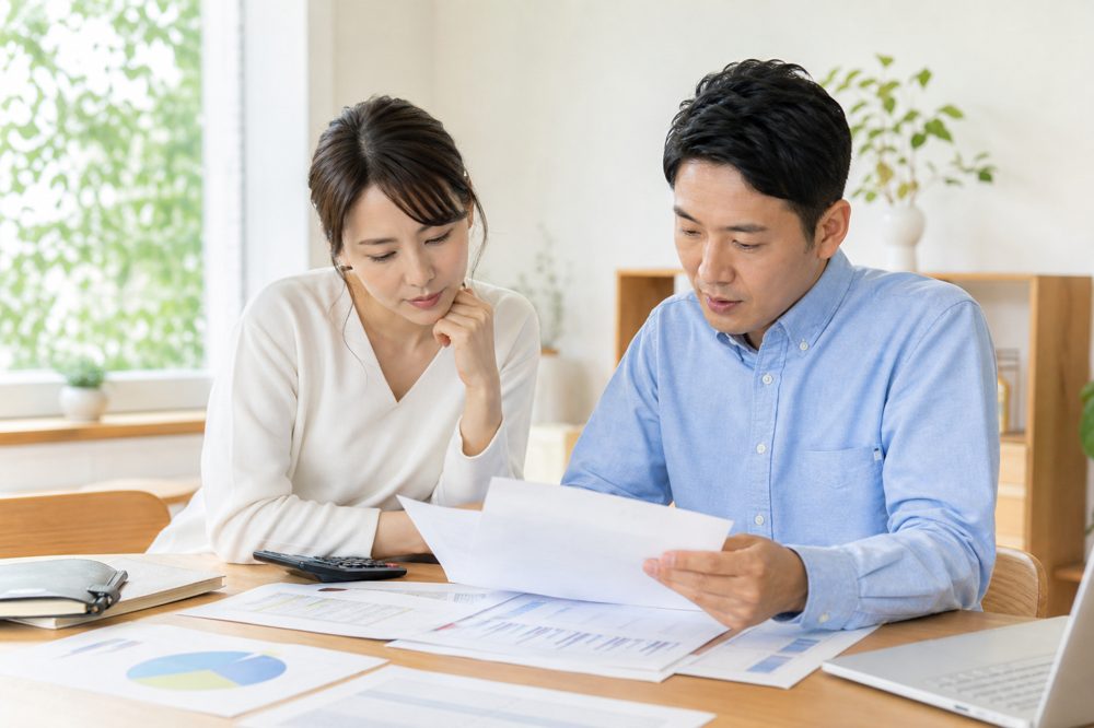 不動産売却の費用と税金の書類を確認する夫婦