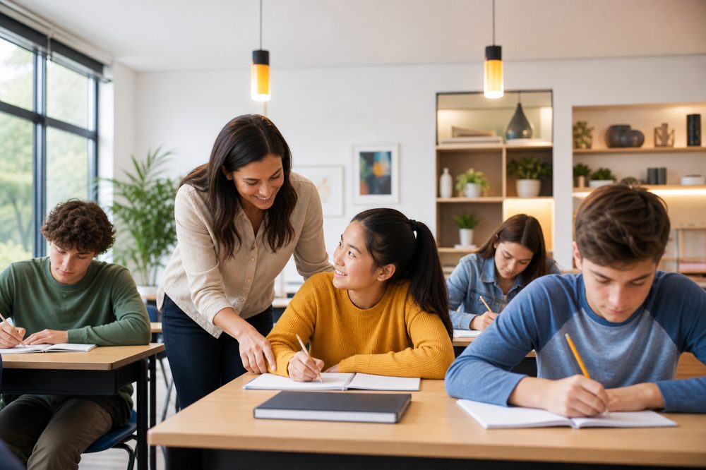 学習塾フランチャイズ開業のイメージ:明るく清潔な教室で生徒が学習している様子