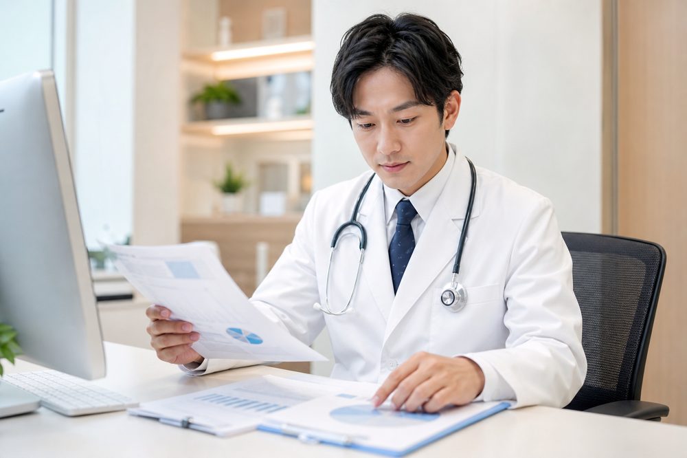 兵庫の医師が資産形成の書類を確認しているシーン